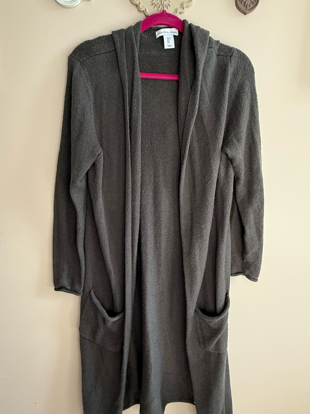 London Kaye Hooded Open-Front Long Cardigan  Duster in Green Sz S